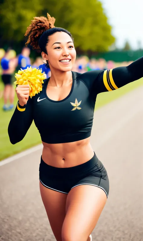 A bee-shaped fitness coach character cheering someone on during exercise.