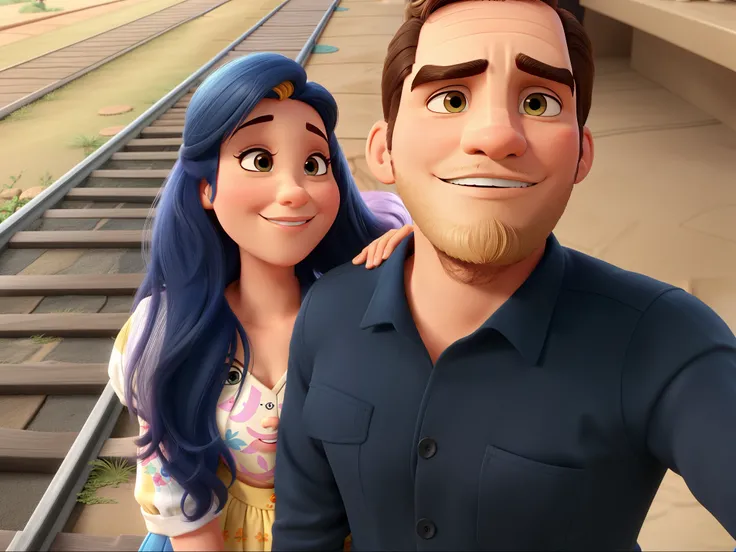 Casal estilo disney pixar melhor qualidade alta qualidade. Homem moreno cabelo comprido crespo barba e mulher loira olhos azuis cabelos longos lisos