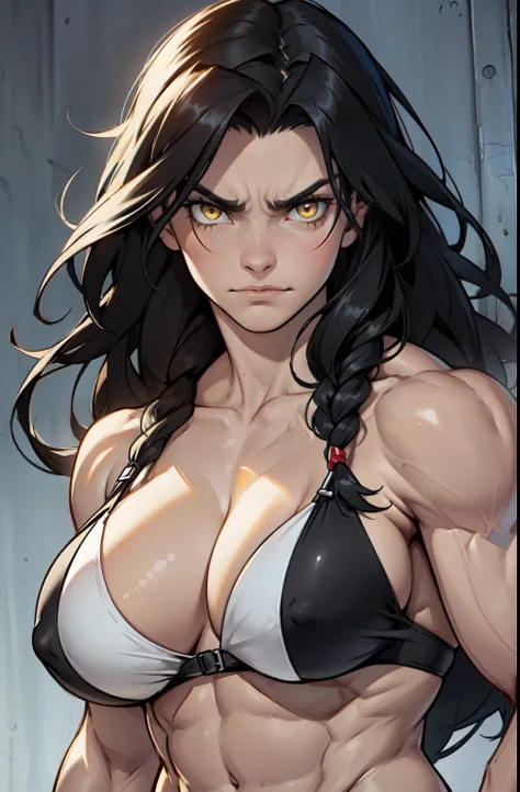 ((1 girl)), extremely long hair, solo, ((muscular)), veins, black hair, yellow eyes, pale skin, strong, veins, abs, (huge breasts), frowning, close up