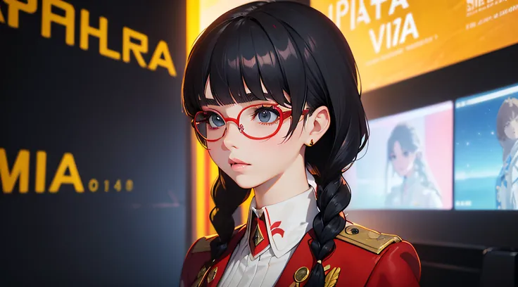 Movie Poster,Anime Reference 86 ,Science Fiction,Sci-Fi,Movies,War Action Movies,Multiple Characters,Women,Adults,Black Hair,(Pia bangs hairstyles : 1.8 ),wearing red glasses,generals uniform,white commander uniform,realistic face details,realism,3d face,(...