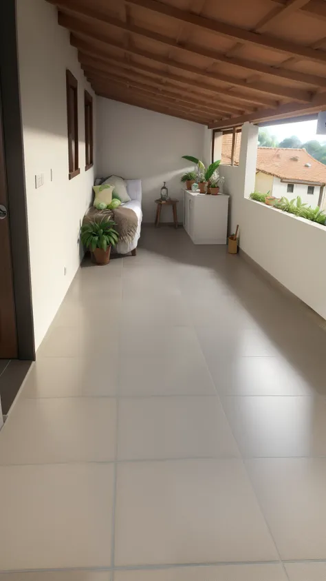 Obra-prima, de melhor qualidade, pegar modelo de varanda, fazer imagem Pixar, adicionar plantas, luzes de led, parede cor branco gelo, teto forrado, piso branco brilhoso