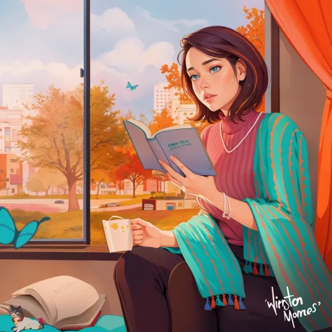 there is a woman reading a book while sitting on a sofa, retrato do livro, in illustration style digital, Procreate Illustration, Retrato de Lofi em uma janela, illustration for book, Fanart detalhado, Lendo novo livro, full-colour illustration, arte publi...