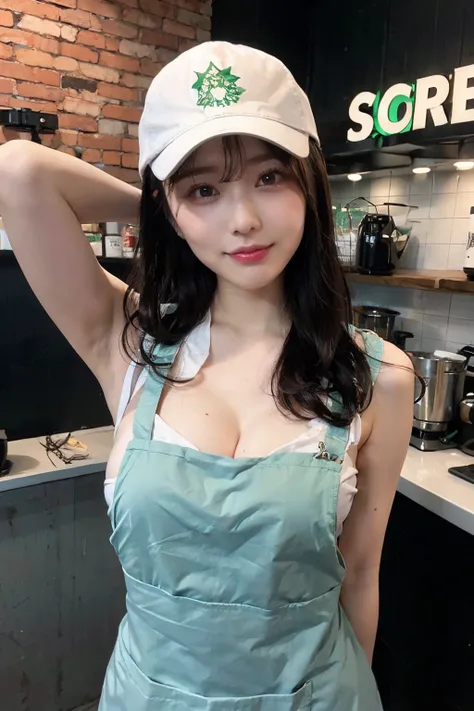 girl working at workbench at starbucks，she wears a black starbucks baseball cap on her head，she wore only a green starbucks apro...