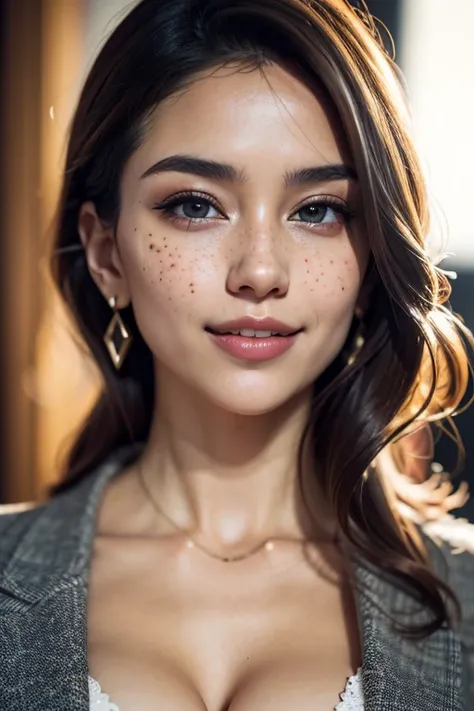 1 beautiful Nepalese woman, 35 year old, freckles skin, smiling with dimple on cheeks, brown skin, Super beautiful detail face, blue long blazer , large shoulder, long neck, curvy sexy body (Slightly open mouth, Sexy look:1.1), (Beautiful big breasts:1.3),...