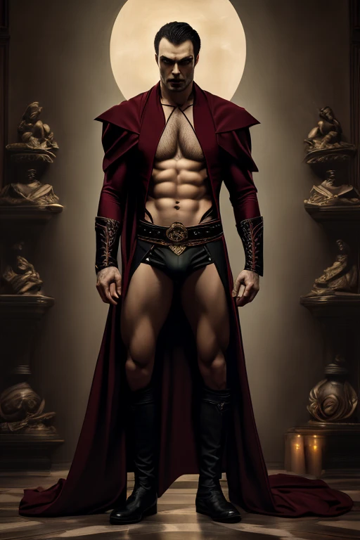 Style of Raphael, portrait, full body,((Vampire Count)), man, abs, chest, no clothes, white briefs, big bulge, classic art, oil painting, centered, 4k, canvas texture, perfect composition,