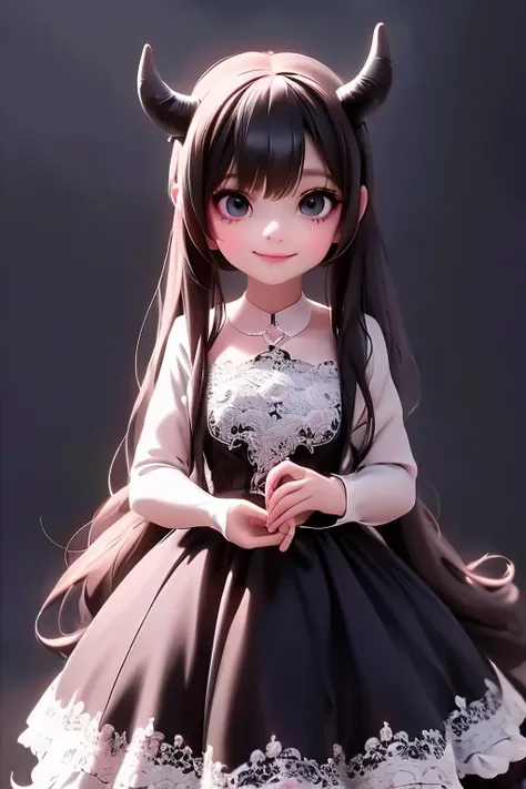 a demon girl smiling in a lace dress and black pumps posing for a picture, anime demon girl wearing a lace black dress, anime demon girl, white tights, anime girl cosplay, black gothic lolita dress,  anime cosplay