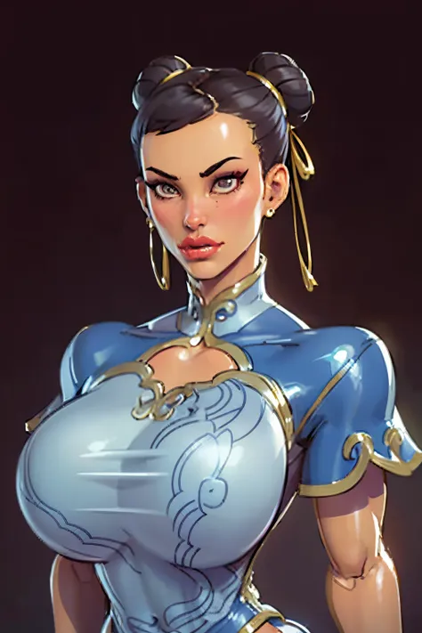 Chun-li, from street fighter,(big breast:1.5),dynamic poses, totally wide open her chest,super perfect body curve, hair ribbons, twin hair buns, (gigantic breasts:1.1), S-shaped body,anime waifu (18 years old)-hot daddy-frivolity-body language, fit figure,...