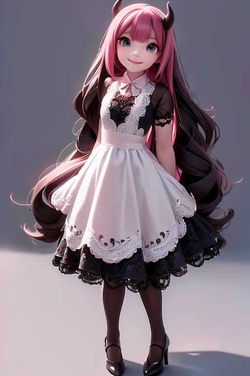 a demon girl smiling in a lace dress and black pumps posing for a picture, anime demon girl wearing a lace dress, white tights, fashionable rpg clothing