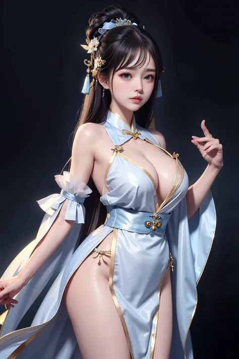 Wet-breasted Hanfu  dynasty open V-chested clothes royal Wet body of thin silk fabric, Thin silk lace petticoat,princess 8 yeald old cute, (huge boobs，cleavage),petticoat, white pink, blue ，best qualtiy，tmasterpiece，超高分辨率，（真实感：1.4），RAW photogr，（True skin t...