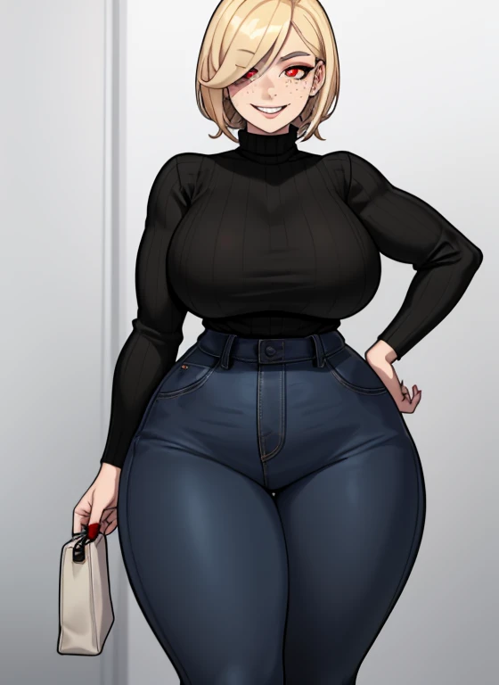 one woman, standing alone, unique and captivating, A tall pale woman (tall thicc silhouette),she has an hourglass figure, refined and alluring curves, a strikingly perfect physique, big and enchanting chest, black baggy sweater, blue jeans accentuating her...