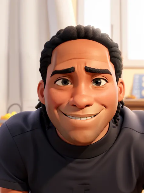 create a shy smile black man, cabelo black power preso em rabo de cavalo, camisa preta, Atarracado, Estilo Disney Pixar, alta qualidade melhor qualidade.