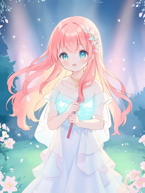 beautiful fairy girl in sparkling white ballgown, puffy flowing ballgown, sheer fluttering sleeves, ((glowing sheer layered dress)), long red gold hair, colorful fantasia background, delicate white flowers in her hair, watercolor illustration, glowing ligh...