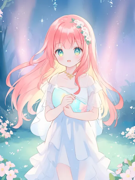 beautiful fairy girl in sparkling white ballgown, puffy flowing ballgown, sheer fluttering sleeves, ((glowing sheer layered dress)), long red gold hair, colorful fantasia background, delicate white flowers in her hair, watercolor illustration, glowing ligh...