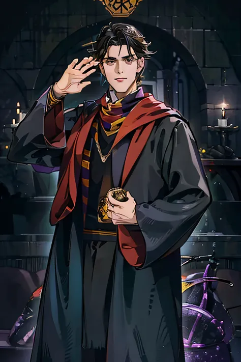 high school student carrying an all-black hogwarts overcoat, com olhos amarelos e uma foice, estudante da escola de magia, purpl...