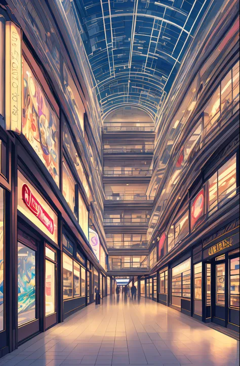 (obra-prima), (best illustration), (com humanos), fundo de anime, shopping center, centro comercial, ,lojas, ring lighting, rim ...