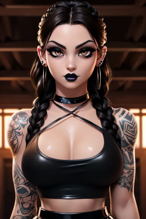 ((ultra quality)), ((tmasterpiece)), goth girl, ((long black hair braided into one braid), ((there are piercings and rings in th...