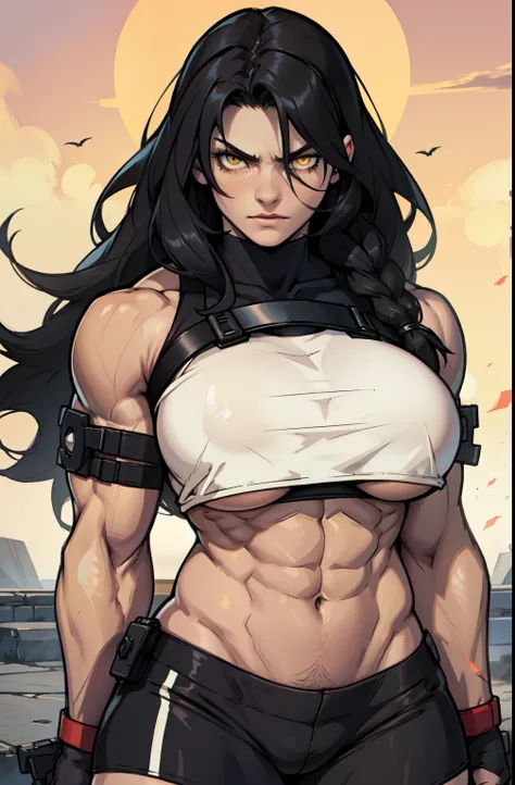 ((1 girl)), extremely long hair, solo, ((muscular)), veins, black hair, yellow eyes, pale skin, strong, veins, abs, (huge breasts), serious