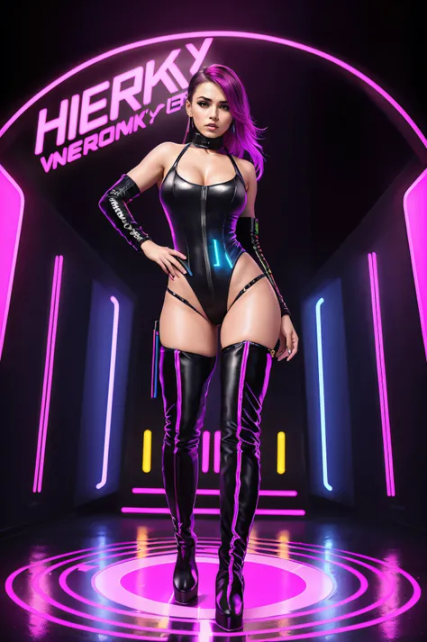 there is a woman standing with a rainbow light, 3 d neon art of a womans body, neon-noir background, cyberpunk femme fatale, seductive cyberpunk dark fantasy, ((thigh high boots:1.4)), cyberpunk strip clubs, cyberpunk 20 y. o model girl, oppai cyberpunk, b...