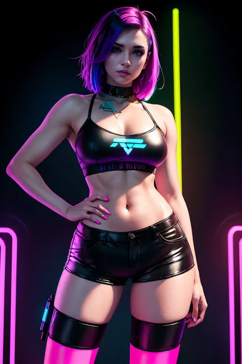 there is a woman standing with a rainbow light, 3 d neon art of a womans body, neon-noir background, cyberpunk femme fatale, seductive cyberpunk dark fantasy, ((tight shorts:1.4)), cyberpunk strip clubs, cyberpunk 20 y. o model girl, oppai cyberpunk, banne...