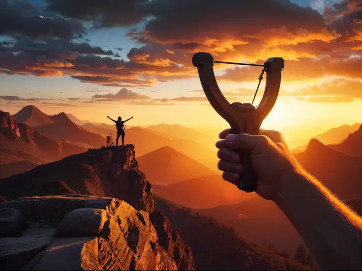 8k ultrarealistic image, in the foreground a male hand holding a slingshot with two stones in it.  background Sunset scene，man standing on a rock with his arms outstretched in the air celebrating, on top of a mountain，facing a valley of epic mountains, Cli...