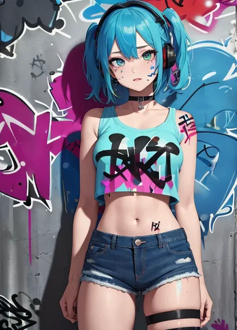 masterpiece, best quality, 1girl, solo, crop top, denim shorts, choker, (graffiti:1.5), paint splatter, arms behind back, against wall, looking at viewer, armband, thigh strap, paint on body, head tilt, bored, multicolored hair, aqua eyes, headset,