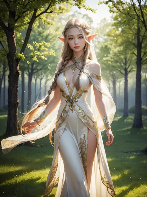 Graceful elven girl standing in meadow, Delicate face illuminated by the soft light of the setting sun. Her long, Flowing hair runs down your back, Decorated with intricate braids、Adorned with sparkling gemstones. This great photo is、、、It captures the ethe...