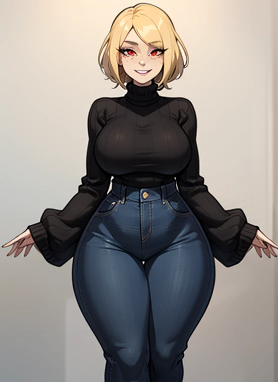 one woman, standing alone, unique and captivating, A tall pale woman (tall thicc silhouette),she has an hourglass figure, refined and alluring curves, a strikingly perfect physique, big and enchanting chest, black baggy sweater, blue jeans accentuating her...