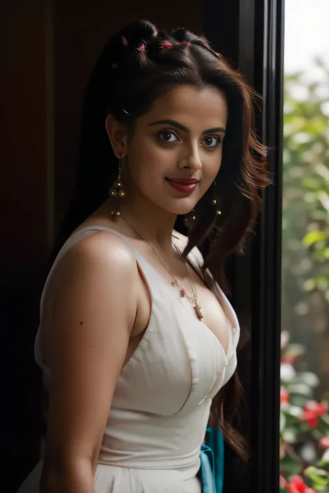 day scene, extreme close up photo of naked vedhika from top view, big cheeks, red Hollywood lips, , huge breasts, squatting near shrub in a garden, hourglass figure, armpits, (blue eyes:1), ponytail, necklace, 30 yo, look at viewer and smile, (cinematic:1....