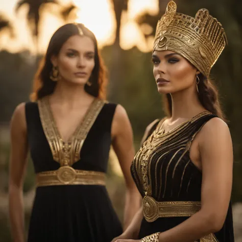 hyper realistic, ultra detailed photograph of a woman with in futuristic headwear inspired by an ancient Egypt queen, Cleopatra headwear, Egyptian Queen in sexy cut out dress in black and gold stripes, long black lace skirt with decorations in gold, top in...