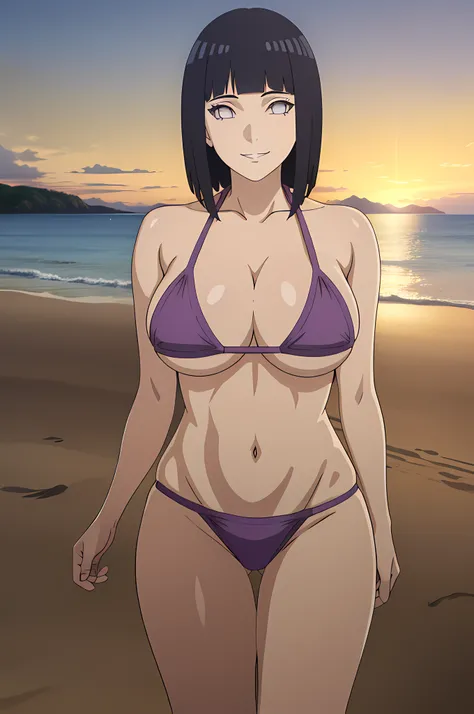 masterpiece, absurdres , (intricate details), hinata(boruto), 1girl, solo, (purple bikini), cowboy shot, looking at viewer,smile, outdoors, short hair, (standing on a beach at dawn time), light smile, (milf), A MILF）, (big breast), mature woman, good color...