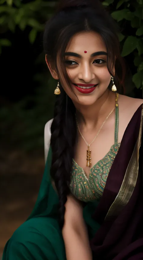 day scene, extreme close up photo of seductive indian model from top view wearing semi wine green sari and top with big breast, ...