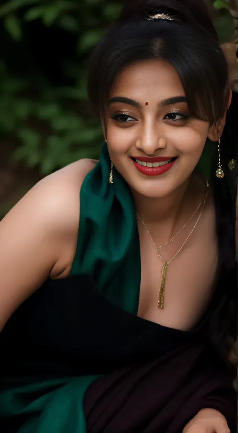 day scene, extreme close up photo of seductive indian model from top view wearing semi wine green sari and top with big breast, ...