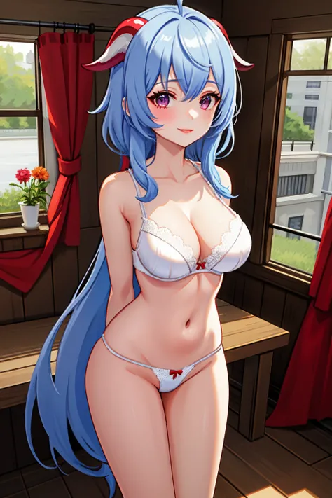 ganyu_genshin, 1 girl,(smile), (upper body:1.2), (standing),solo,(1 girl in the photo:1.5),(alone:1.5),(looking at viewer:1.4),(arms behind back:1.5),(cow horn head ornament),blue hair,beautiful detailed purple eyes,(huge breasts), (white bra:1.5),(white t...
