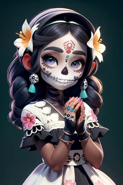 master part, best quality, Rosto detalhado, Olhos bonitos, , detailed hands, uma menina sorrindo com (sugar skull makeup), Mexican Indigenous Dress, Flowers headband, segurando uma vela do altar