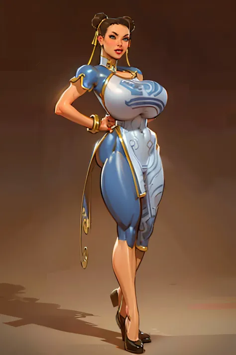 Full body view, Chun-li, from street fighter,(big breast:1.5),dynamic poses, totally wide open her chest,super perfect body curve, hair ribbons, twin hair buns, (gigantic breasts:1.1), S-shaped body,anime waifu (18 years old)-hot daddy-frivolity-body langu...