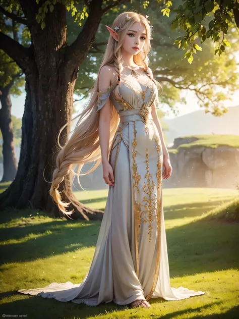 Graceful elven girl standing in meadow, Delicate face illuminated by the soft light of the setting sun. Her long, Flowing hair runs down your back, Decorated with intricate braids、Adorned with sparkling gemstones. This great photo is、、、It captures the ethe...