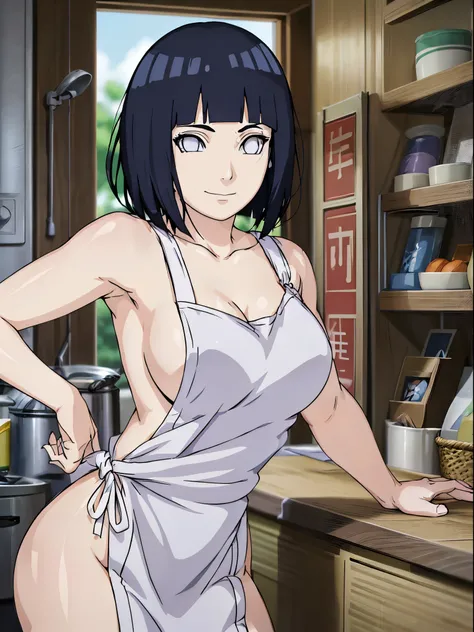 naked wearing white  apron only,, ((thick arm, little biceps)), , stretching , anime style, cute , beautiful , nice body, soft body, (hinata(boruto),  (slender body), mature woman , broad shoulders, off-shoulders, (naked wearing white  apron only,  bare ar...