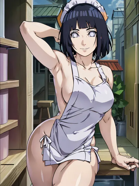 naked wearing white  apron only,, ((thick arm, little biceps)), , stretching , anime style, cute , beautiful , nice body, soft body, (hinata(boruto),  (slender body), mature woman , broad shoulders, off-shoulders, (naked wearing white  apron only,  bare ar...