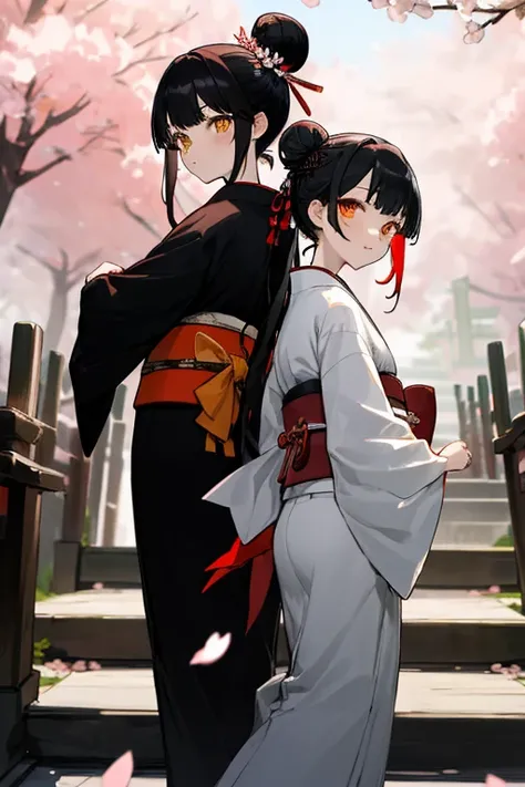 ((masterpiece,best quality)),2girls, black kimono, black legwear, black ribbon, black hair, cherry blossoms, day, flower, hair bun, hair ribbon, japanese clothes, kimono, long hair, looking at viewer, looking back, multiple girls, obi, outdoors, red eyes, ...