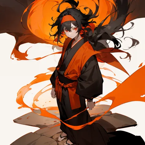 Messy Black hair , Orange Headband , Red Eyes , black and red haori , Vibrant fiery Village background , standing on ethereal floor , 1male , perfect generation , Masterpiece Quality , adult male