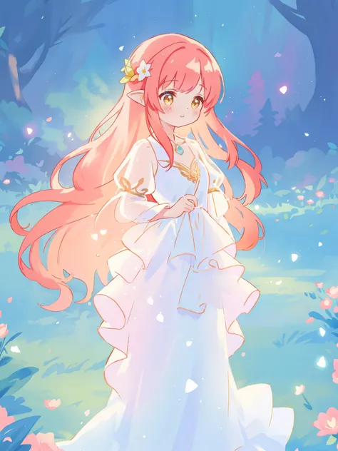 beautiful fairy girl in sparkling white ballgown, puffy flowing ballgown, sheer fluttering sleeves, ((glowing sheer layered dress)), long red gold hair, colorful fantasia background, delicate white flowers in her hair, watercolor illustration, glowing ligh...