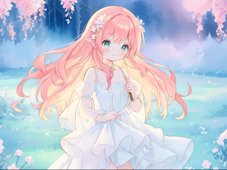 beautiful fairy girl in sparkling white ballgown, puffy flowing ballgown, sheer fluttering sleeves, ((glowing sheer layered dress)), long red gold hair, colorful fantasia background, delicate white flowers in her hair, watercolor illustration, glowing ligh...