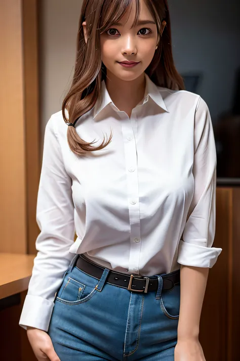 best quality, photorealistic, 8k, high res, 1girl, woman, (skindentation), (professional lighting), ((close buttoned office shirt)), (portrait:0.6), gorgeous, (long hair:1.7), (1girl eyes looking at viewer:1), ((looking at viewer:1.6)), (1girl looking at t...