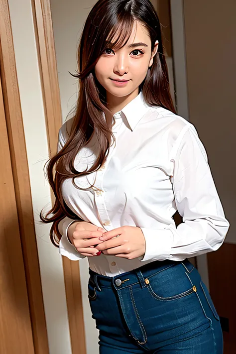 best quality, photorealistic, 8k, high res, 1girl, woman, (skindentation), (professional lighting), ((close buttoned office shirt)), (portrait:0.6), gorgeous, (long hair:1.7), (1girl eyes looking at viewer:1), ((looking at viewer:1.6)), (1girl looking at t...