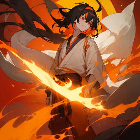 Messy Black hair , Orange Headband , Red Eyes , black and red haori , Vibrant fiery Village background , standing on ethereal floor , 1male , perfect generation , Masterpiece Quality , adult male