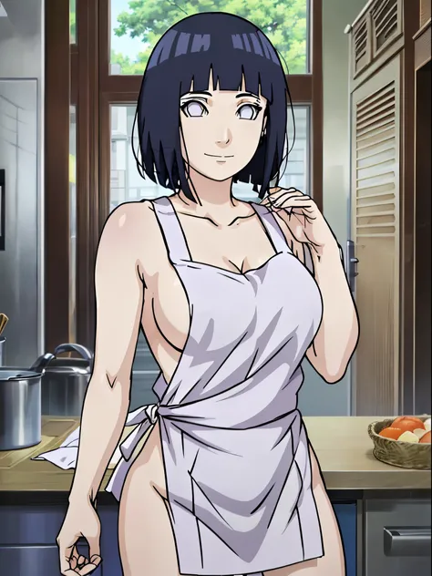 naked wearing white  apron only,, ((thick arm, little biceps)), , stretching , anime style, cute , beautiful , nice body, soft body, (hinata(boruto),  (slender body), mature woman , broad shoulders, off-shoulders, (naked wearing white  apron only,  bare ar...