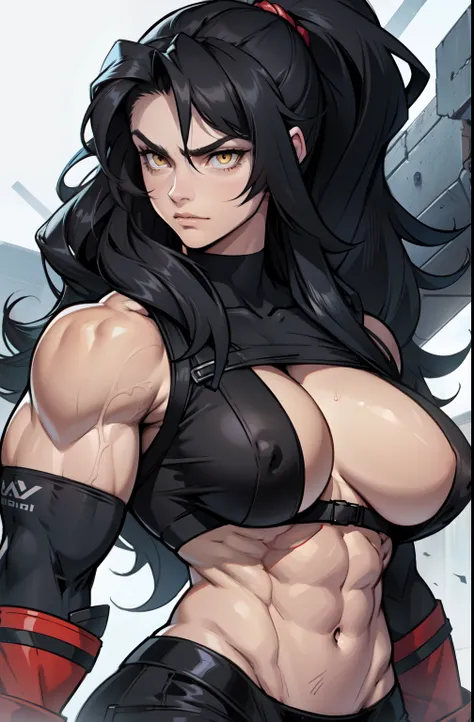 ((1 girl)), extremely long hair, solo, ((muscular)), veins, black hair, yellow eyes, pale skin, strong, veins, abs, (huge breasts), serious