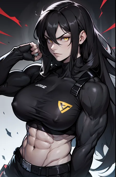 ((1 girl)), extremely long hair, solo, ((muscular)), veins, black hair, yellow eyes, pale skin, strong, veins, abs, (huge breasts), serious