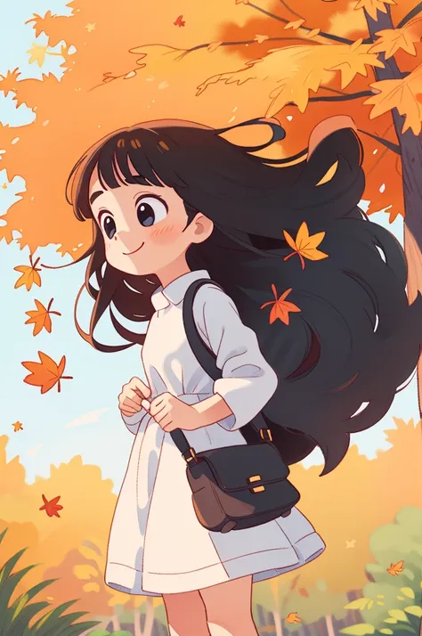 l girl, long hair, round face, big eyes, long white dress,smiling, black crossbody bag, skirt blowing in the wind，Autumn, park, golden leaves, woods Panorama, front