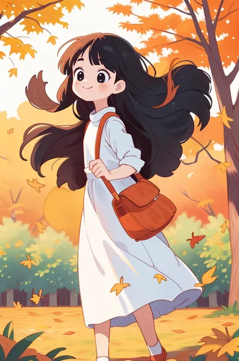 l girl, long hair, round face, big eyes, long white dress,smiling, black crossbody bag, skirt blowing in the wind，Autumn, park, golden leaves, woods Panorama, front